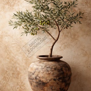 May include: An olive tree in a large, aged, brown ceramic pot. The tree has green leaves and small green olives. The pot has a wide, textured surface and a dark base. The background is a textured, beige wall.