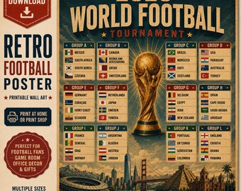 2026 World Football Retro Poster Printable | International Soccer Tournament Wall Art | Vintage Football Groups Chart | Instant Download