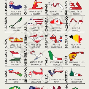 May include: A 2026 F1 race calendar with track layouts and dates for each Grand Prix, including Silverstone and Monza. The calendar is a visual guide for Formula 1 fans, with races in the UK and Italy.