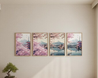 Japanese Aesthetic Wall Art Set of 4 | Minimalist Zen Posters | Japan Style Home Decor | Ukiyo-e Inspired Prints