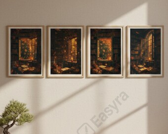 Autumn Dark Academia Wall Art Set of 4 | Cozy Fall Window Scene | Vintage Library Aesthetic | Printable Digital Download | Warm Rustic Home