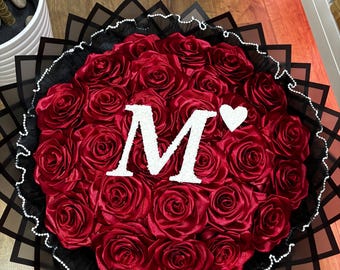 Baby Breath Initial Red Eternal Rose Bouquet- For Valentines,Birthdays,Mothers Day
