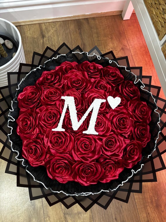 Baby Breath Initial Red Eternal Rose Bouquet- For Valentines,Birthdays,Mothers Day