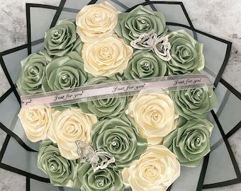 Handmade Sage Green And Ivory Rose Bouquet For Birthdays,Valentines Day,Mothers Day