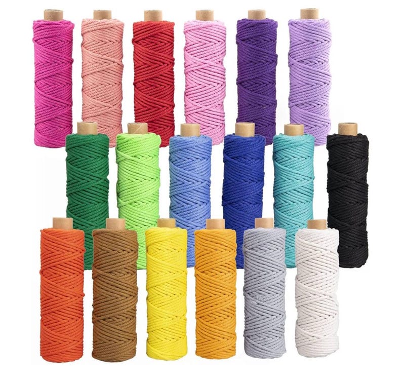 May include: A selection of colourful macram&eacute; cords in shades of pink, red, purple, green, blue, yellow, brown, grey, and black. Each cord is wound around a cardboard spool, providing a range of options for craft projects.