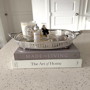 Vintage Silver-Plated Gallery Tray, Rectangular Vanity Tray with Handles, Wedding Serving Tray