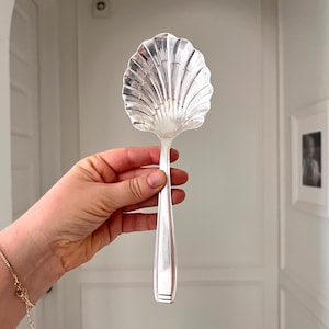 May include: A silver serving spoon with a shell-shaped bowl. The spoon has a long, rectangular handle. The spoon is held in front of a white background.