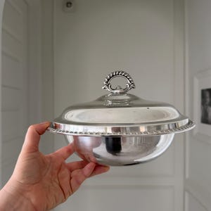 May include: A silver-colored serving dish with a lid. The dish has a round, bowl-like base and a lid with a decorative handle. The rim of the dish is detailed with a beaded pattern. The dish is held in front of a white background.