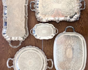 Vintage Assorted Silver-Plated Serving Trays with Handles