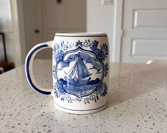 Vintage Hand-Painted Delft Blue Beer Stein 32 oz Ceramic Mug Made in Holland
