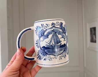 Vintage Hand-Painted Delft Blue Beer Stein 32 oz Ceramic Mug Made in Holland