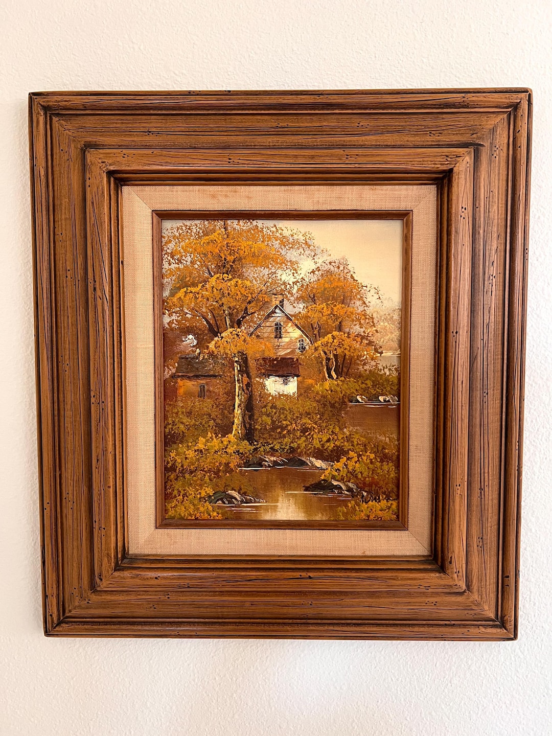Original Autumn Landscape Oil Painting Cabin by Lake Framed Vintage ...