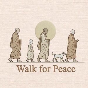 May include: An embroidered design featuring four figures in robes, a dog, and a large sun. The text "Walk for Peace" is below the figures. The words "Available 5 Size" are at the top.