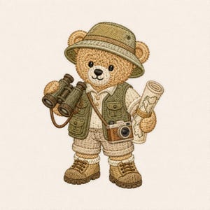 May include: An embroidered teddy bear dressed as an explorer, wearing a tan hat, olive green vest, and shorts. The bear holds black binoculars in one hand and a rolled-up map in the other, with a small brown camera hanging from a strap across its chest.