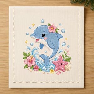 Op de afbeelding: Een vierkant, gebroken wit stoffen servet met een geborduurd ontwerp van een blauwe dolfijn die uit blauwe watergolven springt. De afbeelding bevat een roze zeester, roze hibiscusbloemen, kleine gele bloemetjes, bubbels en fonkelingen.