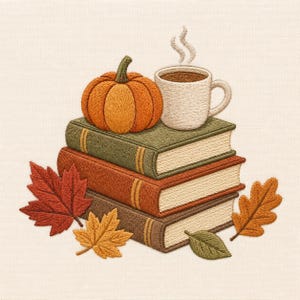 May include: An embroidery design featuring a stack of three books in olive green, rust orange, and dark brown. An orange pumpkin and a white mug with steaming brown liquid sit on top. Red, yellow, and brown autumn leaves surround the book stack.