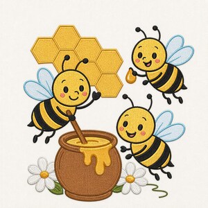 Lindo diseño de bordado de abeja con tarro de miel y panal, archivo de bordado a máquina de abejas de dibujos animados, arte de jardín de flores de margarita, diseño de bordado para niños