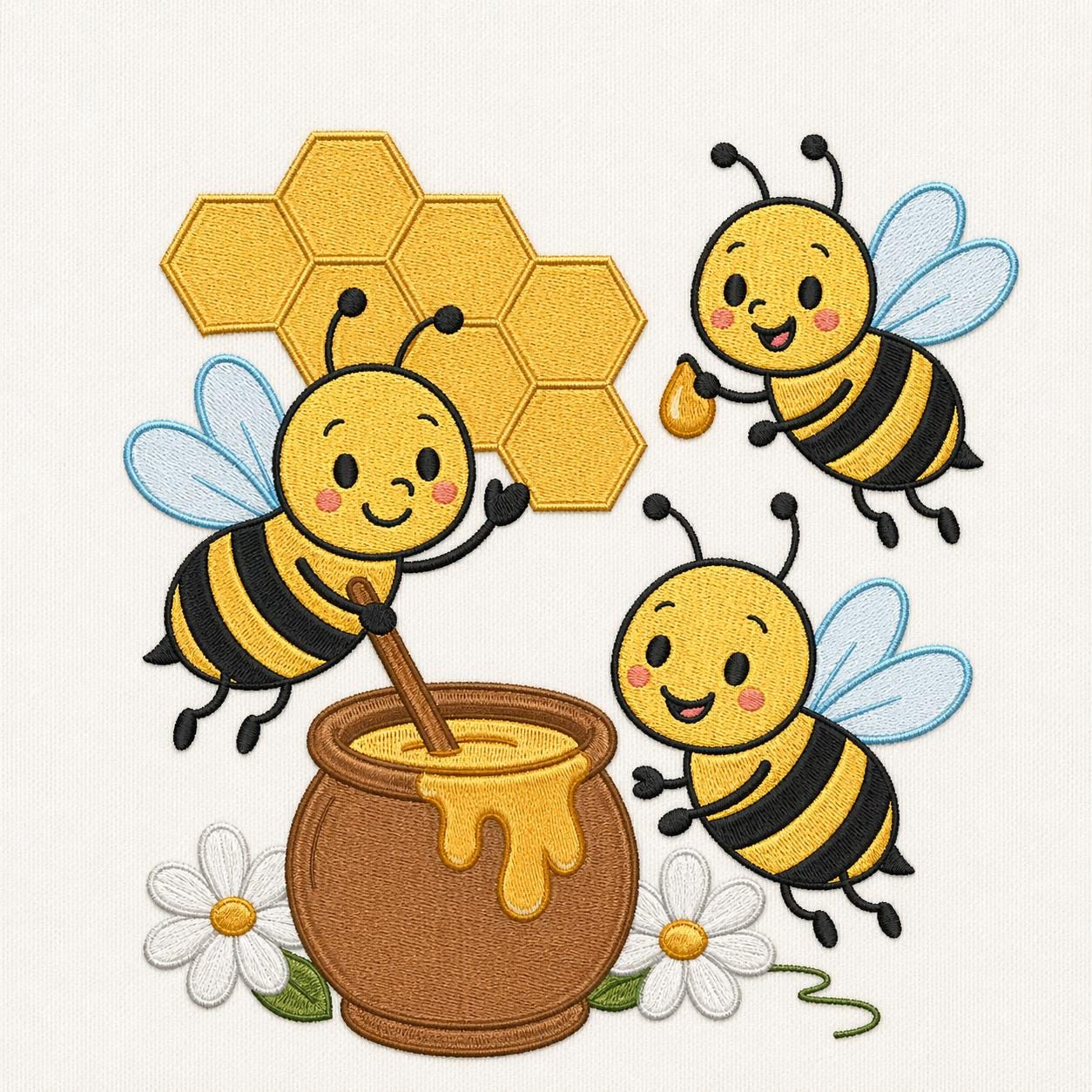 Cute Bee Embroidery Design With Honey Pot and Honeycomb,cartoon Bees ...