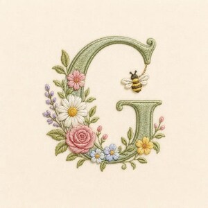 Floral Letter G Embroidery Design, Bee Monogram G Machine Embroidery File, Botanical Alphabet Initial Instant Download