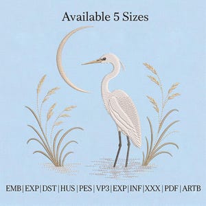 Heron Moon Embroidery Design, Great Egret Embroidery File, Coastal Bird Machine Embroidery Pattern, Minimalist Water Bird Embroidery