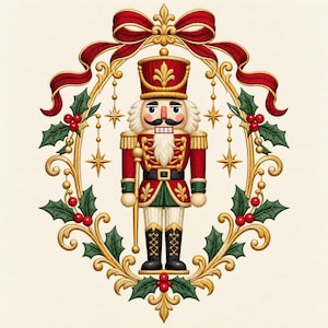 May include: A nutcracker figure in a red and green uniform with a tall hat, white beard, and gold accents, centered within an oval frame of gold scrollwork, green holly leaves, red berries, and a large red ribbon bow at the top.
