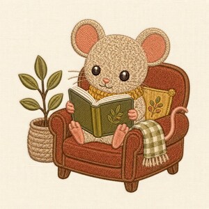May include: An embroidery design featuring a light brown mouse sitting in a dark orange armchair, reading a green book. The mouse wears a yellow scarf. A small potted plant with green leaves sits to the left, and a green and white plaid blanket hangs over the arm of the chair.