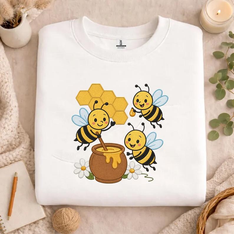 Cute Bee Embroidery Design With Honey Pot and Honeycomb,cartoon Bees ...