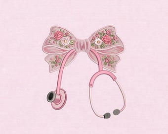 May include: A pink stethoscope design with a bow, featuring floral embroidery. The text "Available 5 Size" is at the top. The image is on a pink background. Embroidery file formats are listed at the bottom.