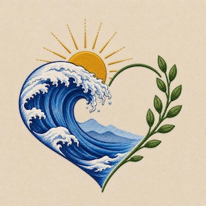 Può includere: Ricamo raffigurante un cuore composto da un'onda blu, un sole giallo e un ramo verde con foglie. L'onda ha schiuma bianca e il sole ha raggi gialli. Lo sfondo è di colore beige chiaro.