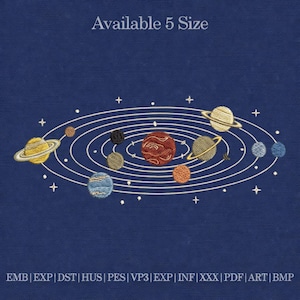 May include: Embroidered design of a solar system on a navy blue background. The design features planets of various colors orbiting a central point, with white lines indicating their paths. Text at the top reads "Available 5 Size".