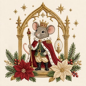May include: An embroidered illustration of a mouse wearing a gold crown and a red cape with white fur trim, holding a scepter. The mouse stands under a gold archway with a hanging lantern, surrounded by red and white poinsettias and pine branches.
