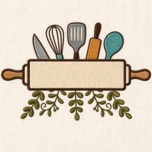 May include: Embroidered design featuring kitchen utensils: a knife, whisk, spatula, rolling pin, and spoon. The utensils are arranged above a blank rectangular banner, with a decorative leafy border below. The color palette includes beige, brown, gray, and teal.