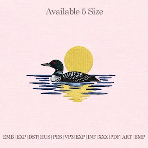May include: An embroidered design of a loon on water with a yellow sun. The loon has black, white, and grey details. The text "Available 5 Size" is at the top. The design is on a pink background.