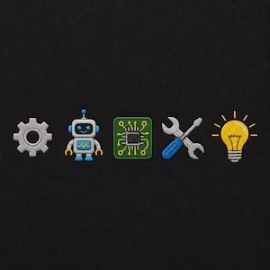 Peut inclure: Un ensemble de cinq écussons brodés sur fond noir représentant un engrenage argenté, un robot bleu et argent, une puce informatique verte, une clé anglaise croisée avec un tournevis à manche bleu et une ampoule jaune.