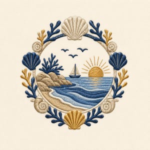 May include: A circular embroidery design featuring a coastal scene with a sailboat, sun, and waves. The border is composed of embroidered seashells and coral in shades of blue, gold, and cream, framing the central nautical landscape.