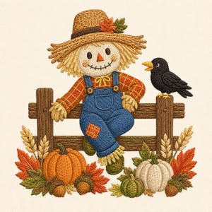 May include: An embroidered design featuring a smiling scarecrow wearing a straw hat and blue overalls, sitting on a wooden fence next to a black crow. The scene includes orange and white pumpkins, brown acorns, and colorful autumn leaves.
