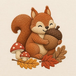 May include: An embroidery design featuring a brown squirrel with a cream-colored belly holding a large brown acorn. The scene includes two red mushrooms with white spots, a yellow oak leaf, and a red maple leaf on a light cream fabric background.