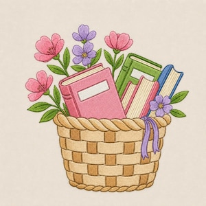 May include: A woven basket filled with books and flowers. The books are pink, green, and blue, with white rectangles on the covers. Pink and purple flowers and green leaves surround the books. A purple ribbon is tied to the basket.