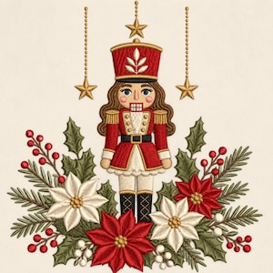 Puede incluir: Un diseño de bordado que presenta un cascanueces central con uniforme rojo y detalles dorados, rodeado por un arreglo festivo de flores de pascua rojas y blancas, hojas de acebo verdes, agujas de pino, bayas rojas y estrellas doradas colgantes.