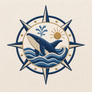 Whale Embroidery Design, Nautical Compass Embroidery, Ocean Whale Machine Embroidery File, Coastal Marine Stitch Pattern, Sea Animal Design