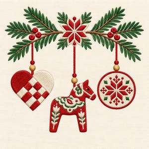 May include: An embroidery design featuring green pine branches with red berries and a central red and white star. Three ornaments hang from the branches: a red and white woven heart, a red horse figure with floral details, and a round ornament.