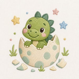 May include: An embroidered design featuring a light green baby dinosaur hatching from a cream-colored egg with light green polka dots. The scene includes small green grass tufts, yellow and blue stars, and tiny colorful dots on a white fabric background.