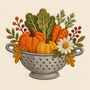 Op de afbeelding: Een borduurontwerp met een zilverkleurig vergiet gevuld met twee oranje pompoenen, twee wortels met groen loof, een witte margriet met een geel hart, rode bessen aan takjes en diverse herfstkleurige eikenbladeren op een crèmekleurige achtergrond.