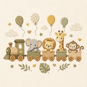 Safari Animal Train Machine Embroidery Design, Baby Jungle Train Embroidery Pattern, Elephant Lion Giraffe Digital File, Nursery Decor