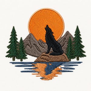 May include: Embroidered patch featuring a black wolf howling at a large orange sun. The design includes mountains, pine trees, and a lake with reflections, creating a scenic outdoor theme.