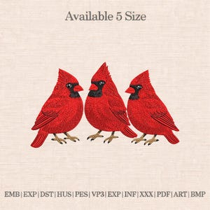 May include: Three embroidered red cardinal birds with black accents are displayed on a beige background. The text "Available 5 Size" is at the top. The bottom of the image shows file format abbreviations.