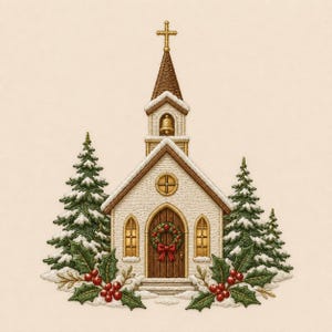 May include: An embroidered design of a white church with a brown wooden door, a gold bell in the steeple, and a cross on top. The church is surrounded by snow-dusted green pine trees and holly branches with red berries on a cream background.