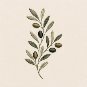 May include: An olive branch illustration featuring green and black olives and detailed leaves. The olives vary in color, from green to black, and are arranged along the branch. The leaves are a mix of green and tan.
