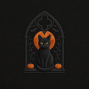 May include: An embroidered patch featuring a black cat sitting in front of an orange moon within a dark gothic archway. Two small orange pumpkins sit at the base of the cat, with two small bats flying near the top of the arched frame.