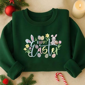 Happy Easter Embroidery Design, Cute Bunny with Easter Eggs, Spring Flowers, Digital Download for Machine Embroidery, Spring Decor